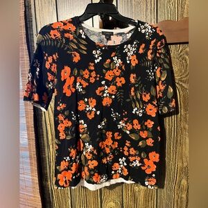 Ann Taylor Black and Orange Floral Short Sleeve Top